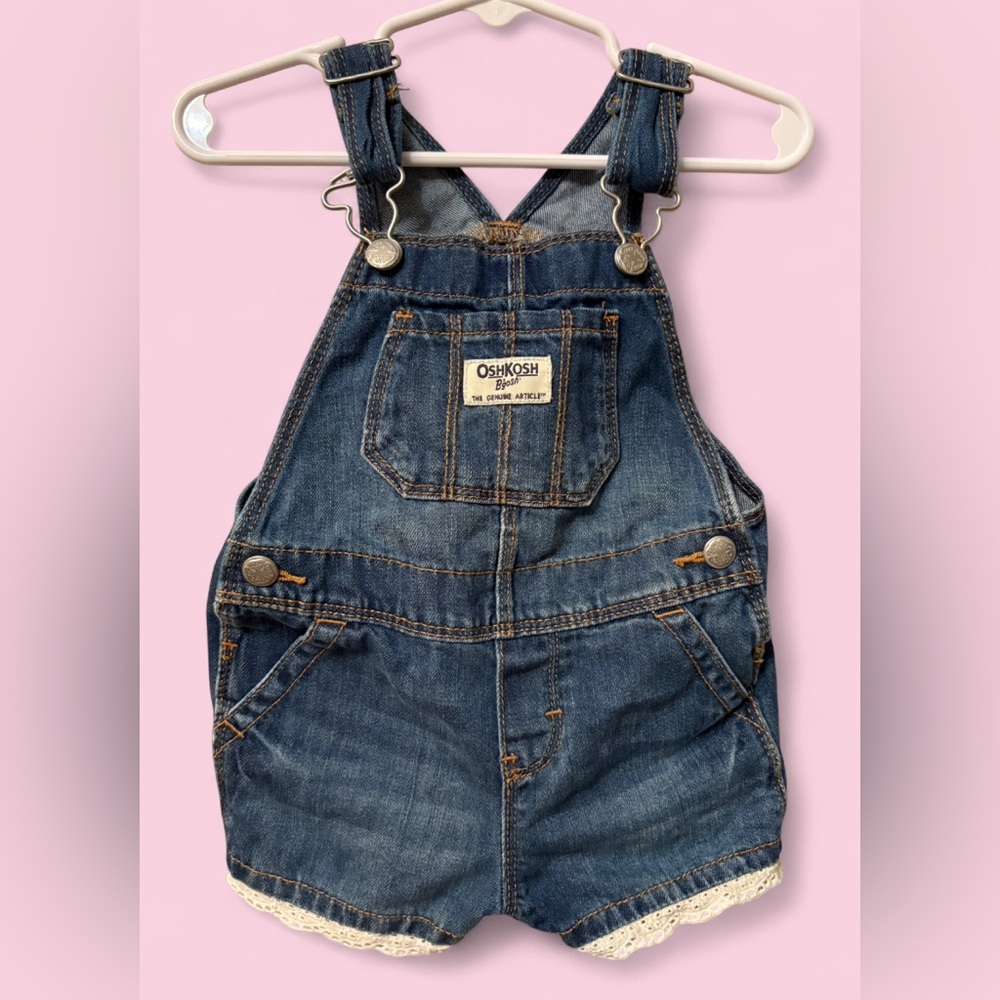 OshKosh B’gosh Lace Trim Denim Shortalls Classic Toddler Girl Overalls 18M